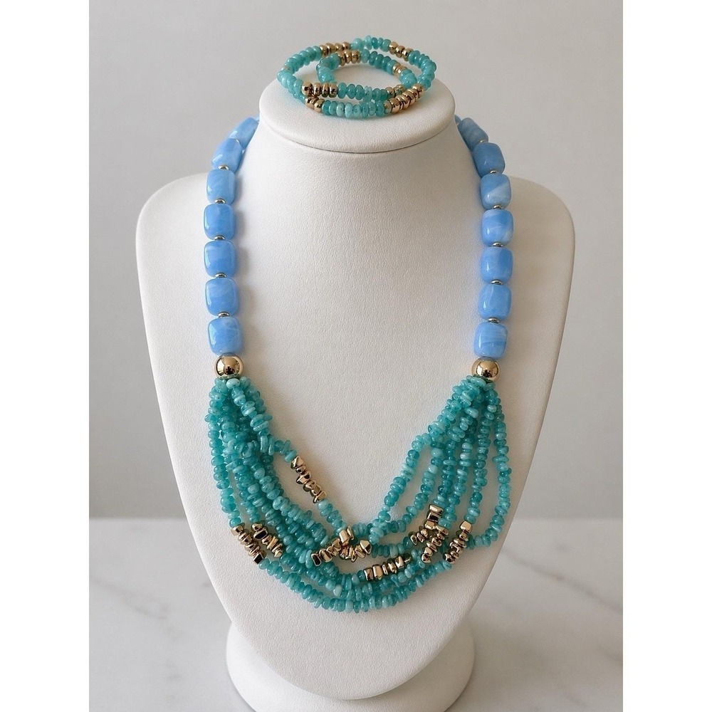 Blue Beaded Necklace & Earring Set Gold Tone Rope Detail Jewelry